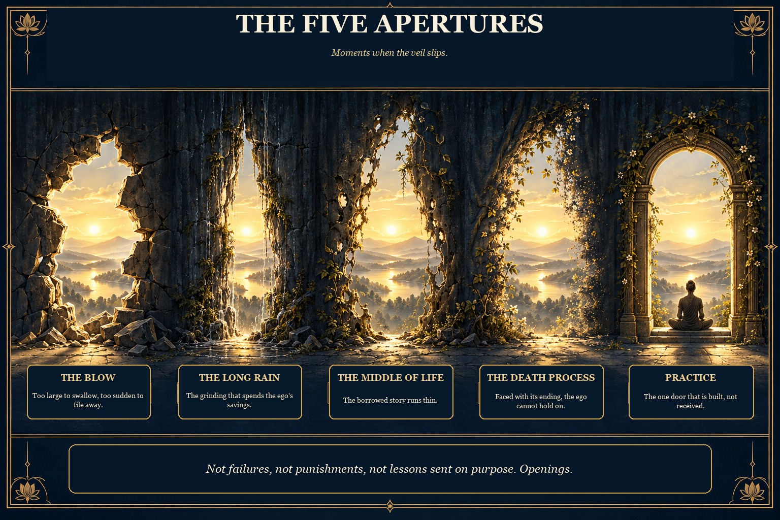The Five Apertures. A dark wall with five openings onto the same calm light: the blow, the long rain, the middle of life, the death process, and practice, a carved doorway with a figure seated inside.