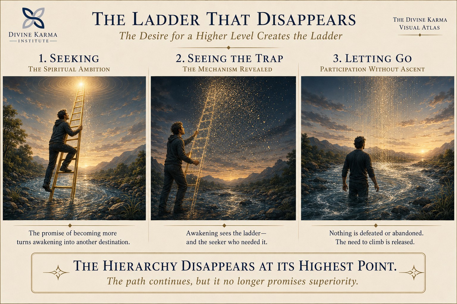 The Ladder That Disappears. Three panels: Seeking, Seeing the Trap, Letting Go.
