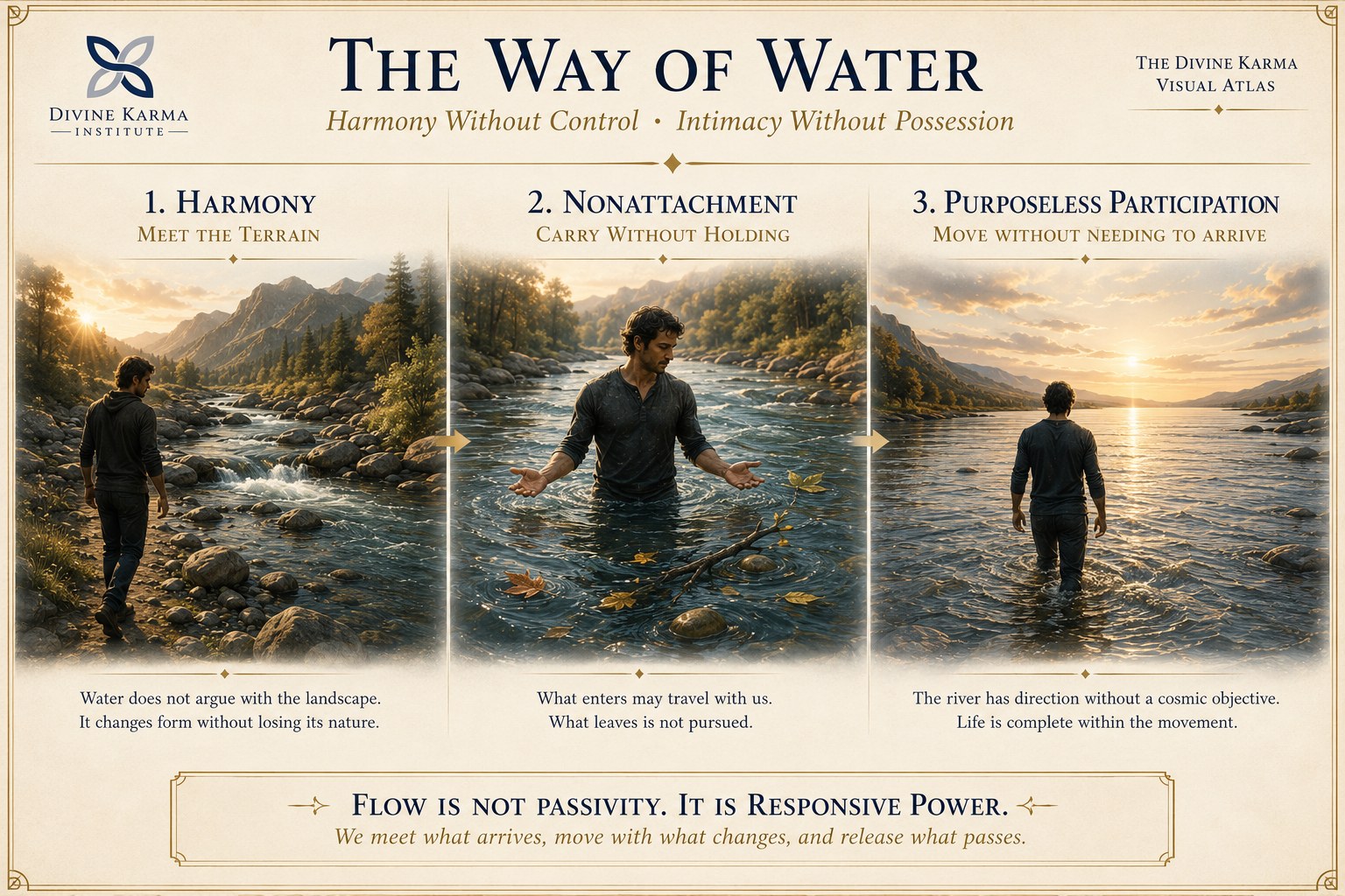 The Way of Water. Three panels: Harmony, Nonattachment, Purposeless Participation.