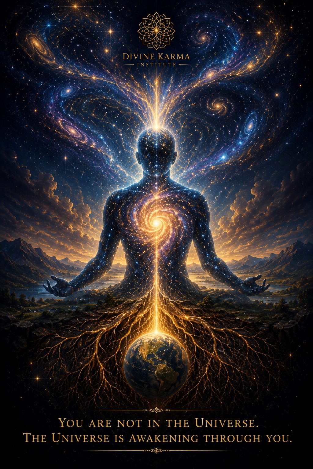 A meditating figure filled with a starfield, cosmic energy rising into two spiral galaxies, golden roots descending into the earth.