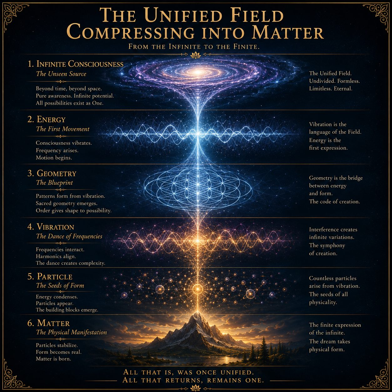 The Unified Field Compressing into Matter. The infinite condensing, step by step, into form.