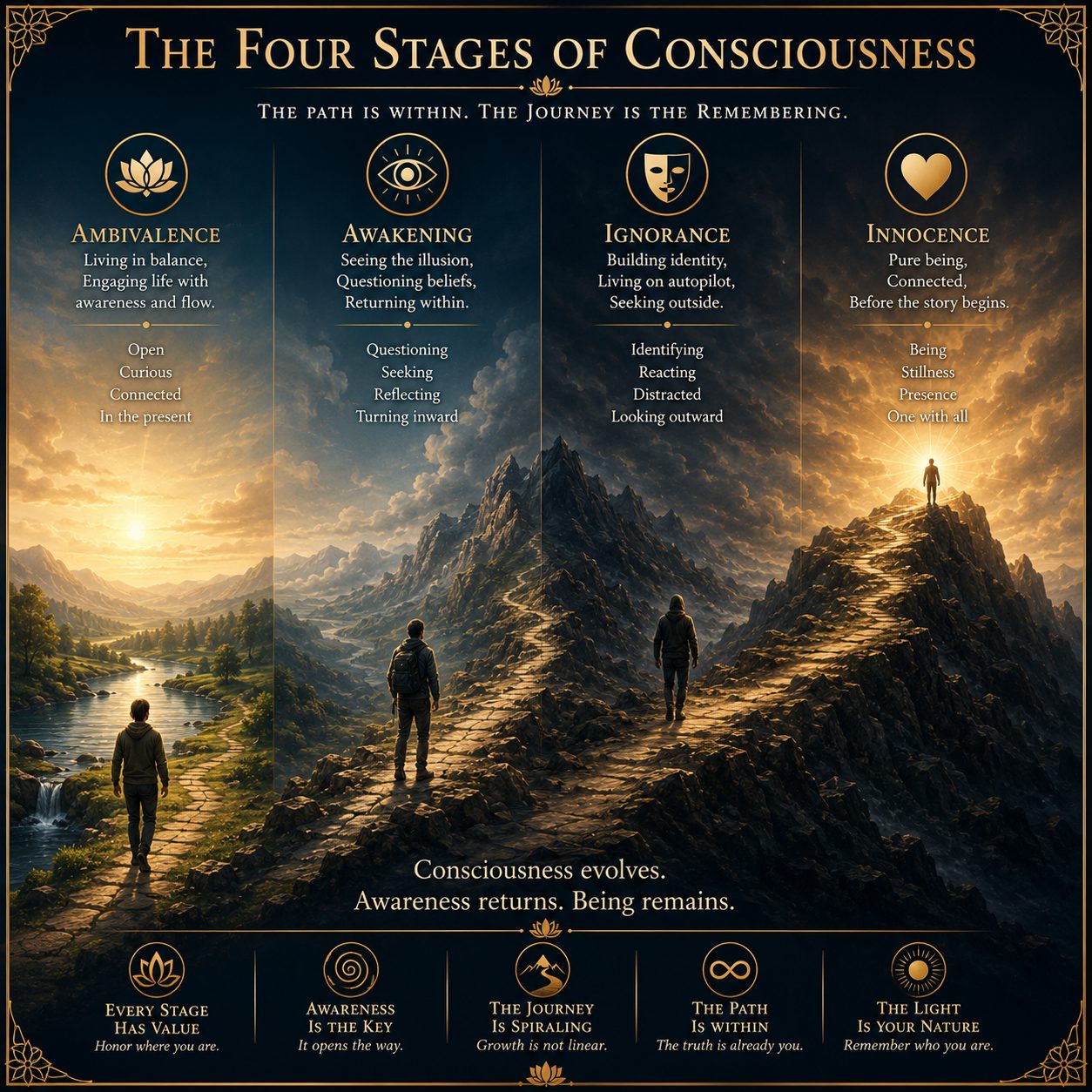 The Four Stages of Consciousness. Innocence, ignorance, awakening, ambivalence, along one mountain path.