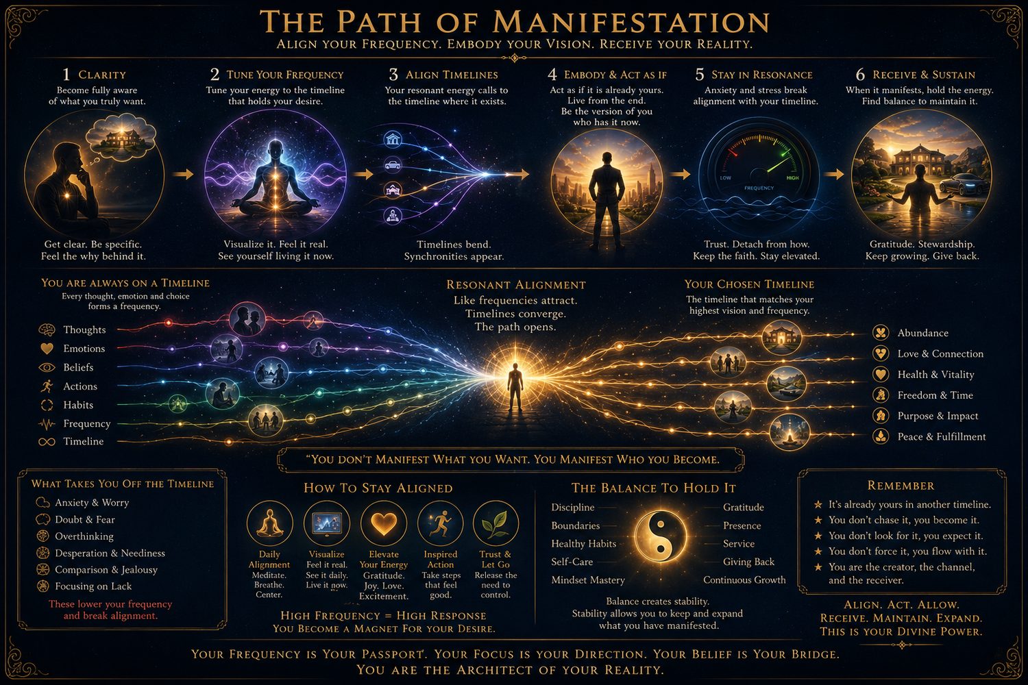 The Path of Manifestation. You are the architect of your reality: clarity, frequency, embodiment, receiving.