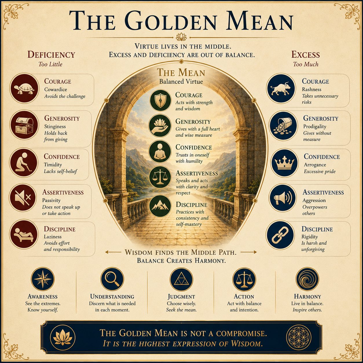 The Golden Mean. Virtue as the balance point between too little and too much.