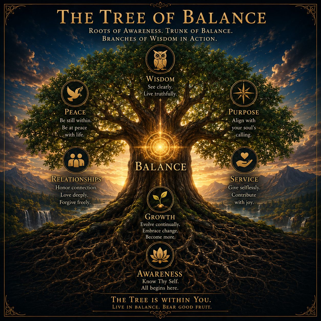 The Tree of Balance. Roots of awareness, a trunk of balance, the fruit of a life well lived.