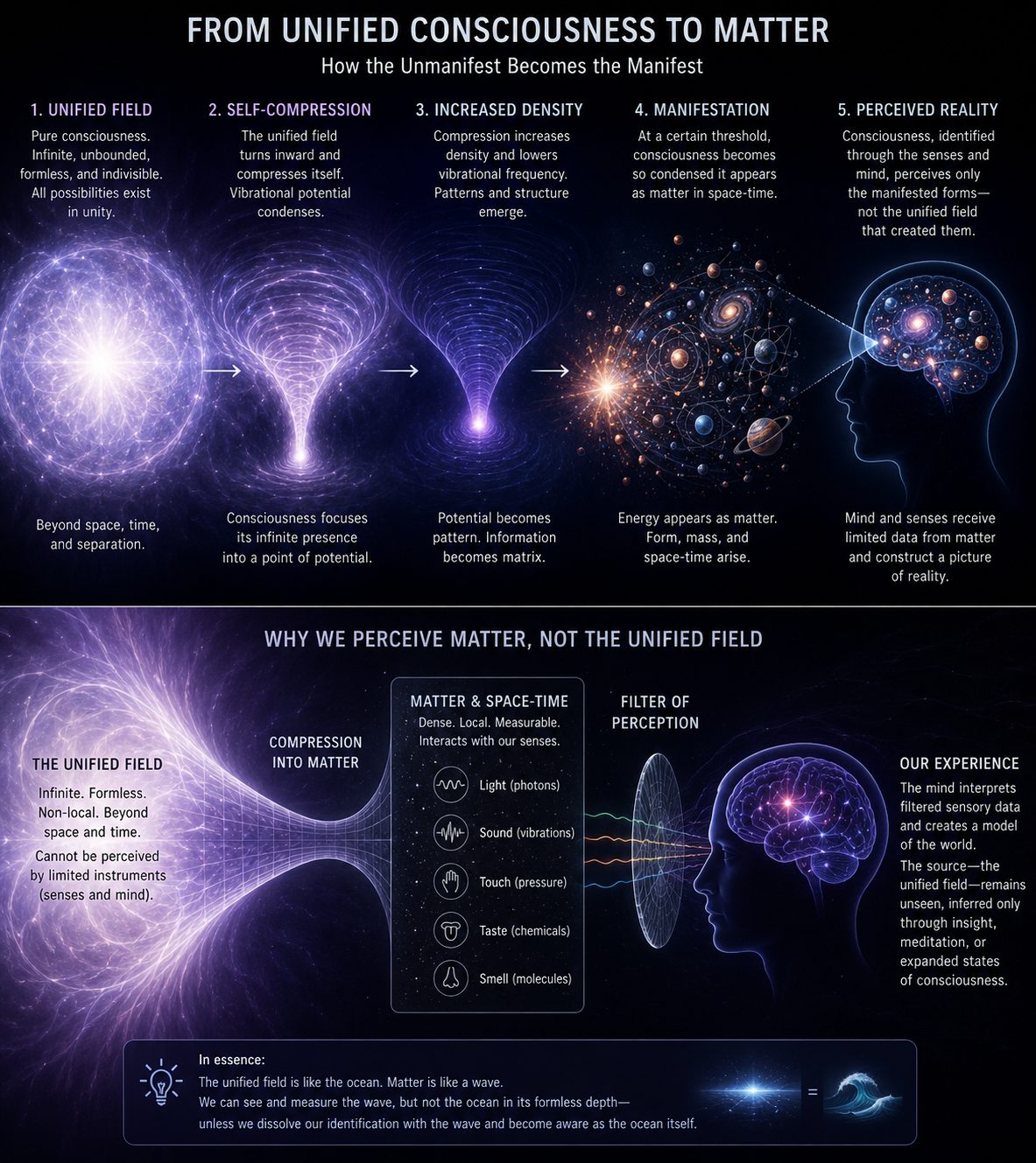 From Unified Consciousness to Matter. How one field funnels down into the matter we perceive.