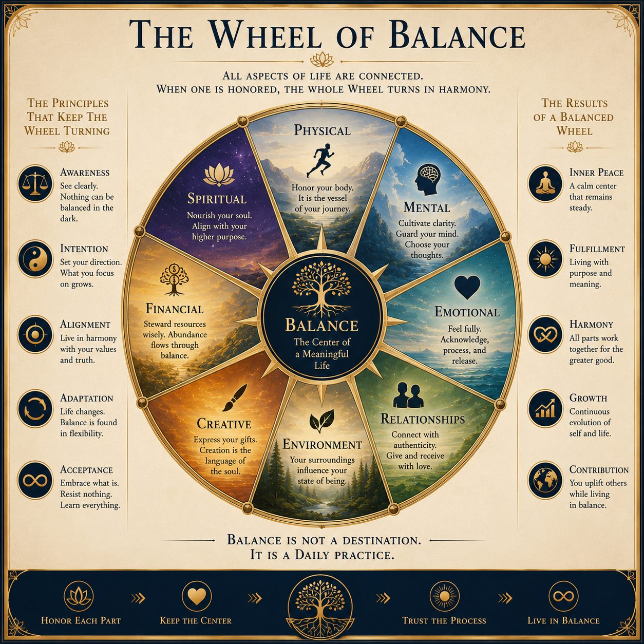 The Wheel of Balance. Eight domains of a life, turning around one still center.
