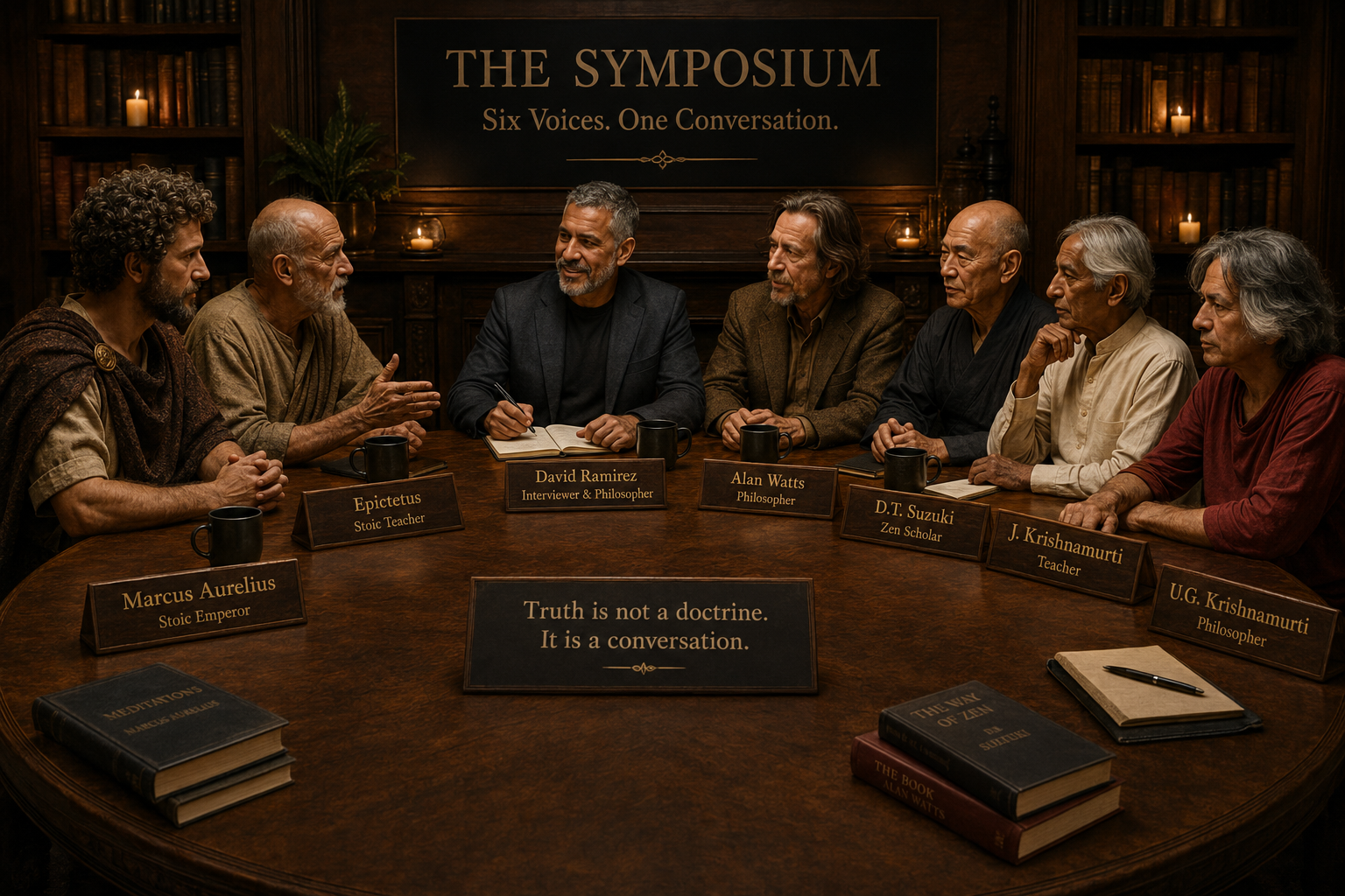 The Symposium: David Ramirez at a round table with Marcus Aurelius, Epictetus, Alan Watts, D.T. Suzuki, J. Krishnamurti, and U.G. Krishnamurti.